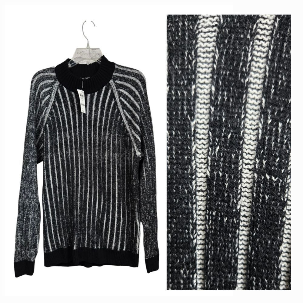 INC Men's Sweater NWT Cable Knit Black & White Ribbed Stripe Pullover Mock Neck